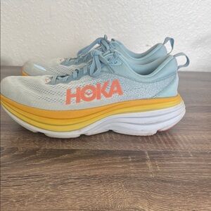 Hoka Light Blue and Orange Running Shoes